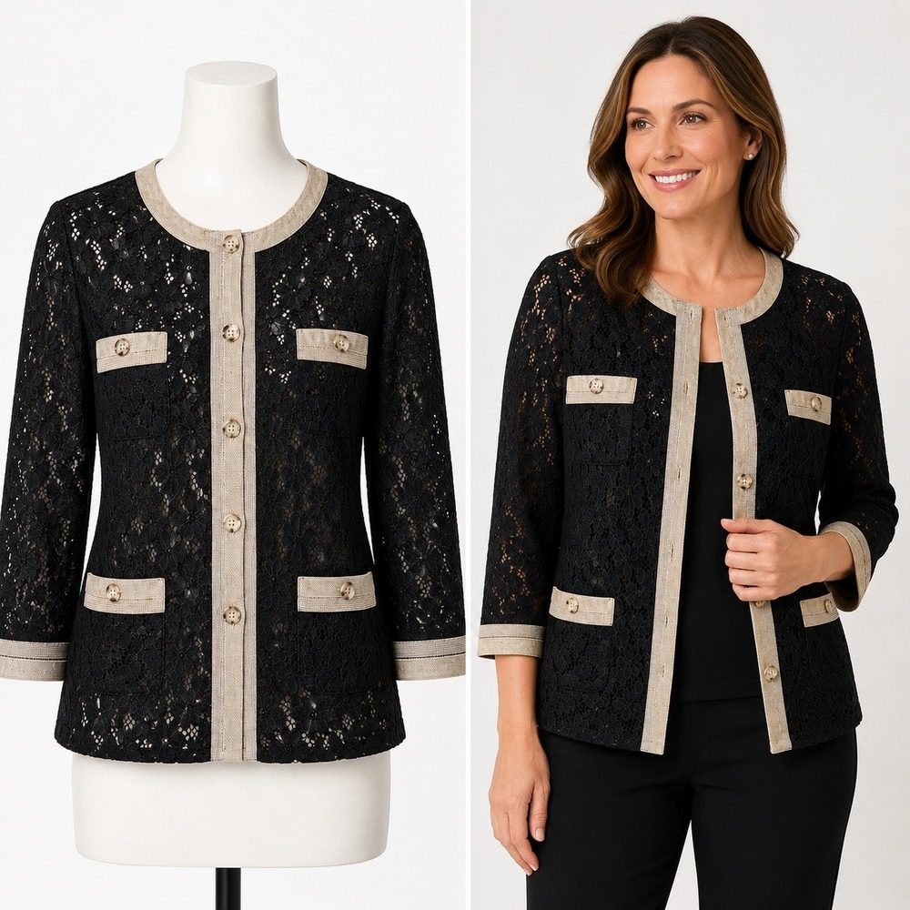 Linea by Louis Dell'Olio Jacket Women S Black Lace Button Front Contrast Trim
